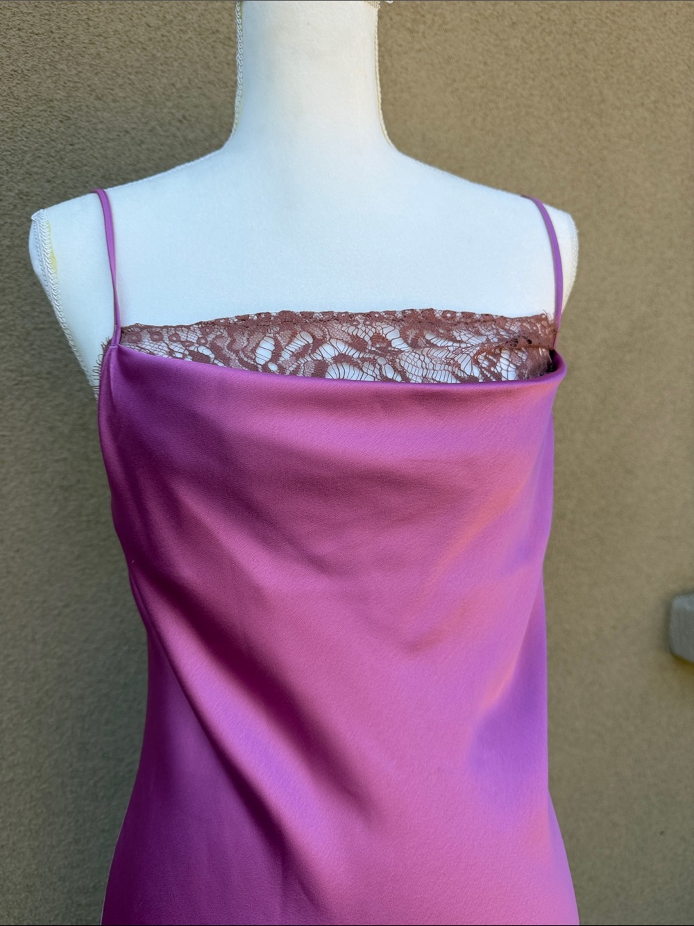 Victoria Secret Vintage Satin fuchsia pink dress with lace detail.